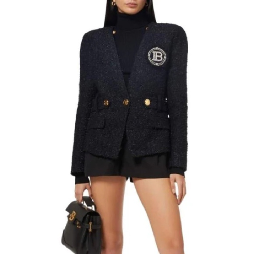 BALMAIN Black Tweed Crystal Logo Jacket sz 36 4 $3,150